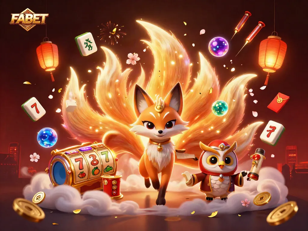 Experience the vibrant FABET casino scene with glowing characters, slot reels, and festive elements.