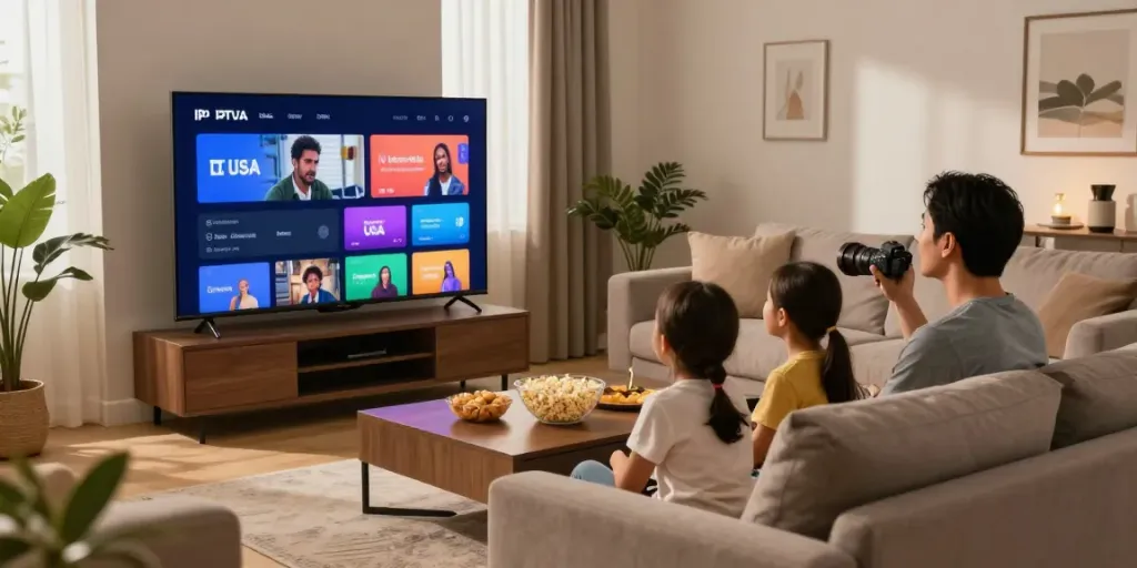 Family enjoying IPTV USA on a cozy couch with snacks and vibrant TV display.