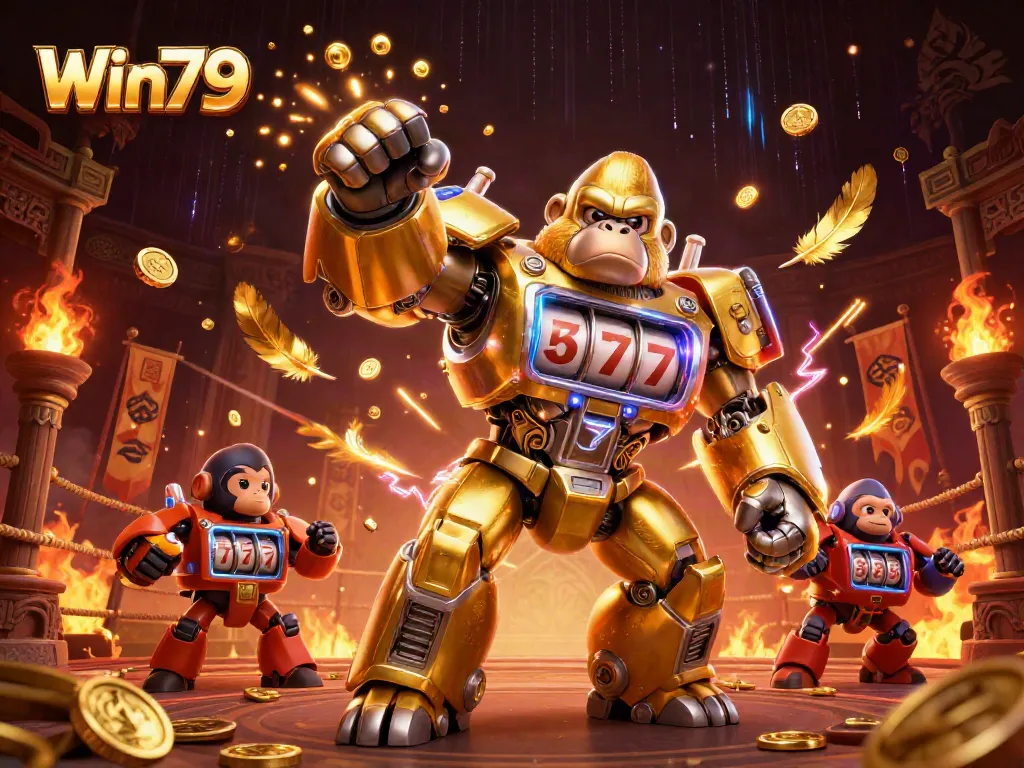 Win79 gaming experience with a dynamic golden gorilla mech bursting with coins, showcasing top casino attractions.