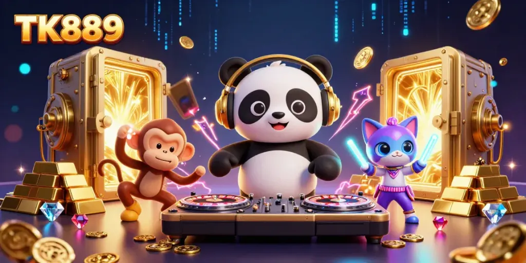 Experience the excitement at TK889 with a vibrant, immersive casino scene featuring colorful characters and dynamic gaming elements.