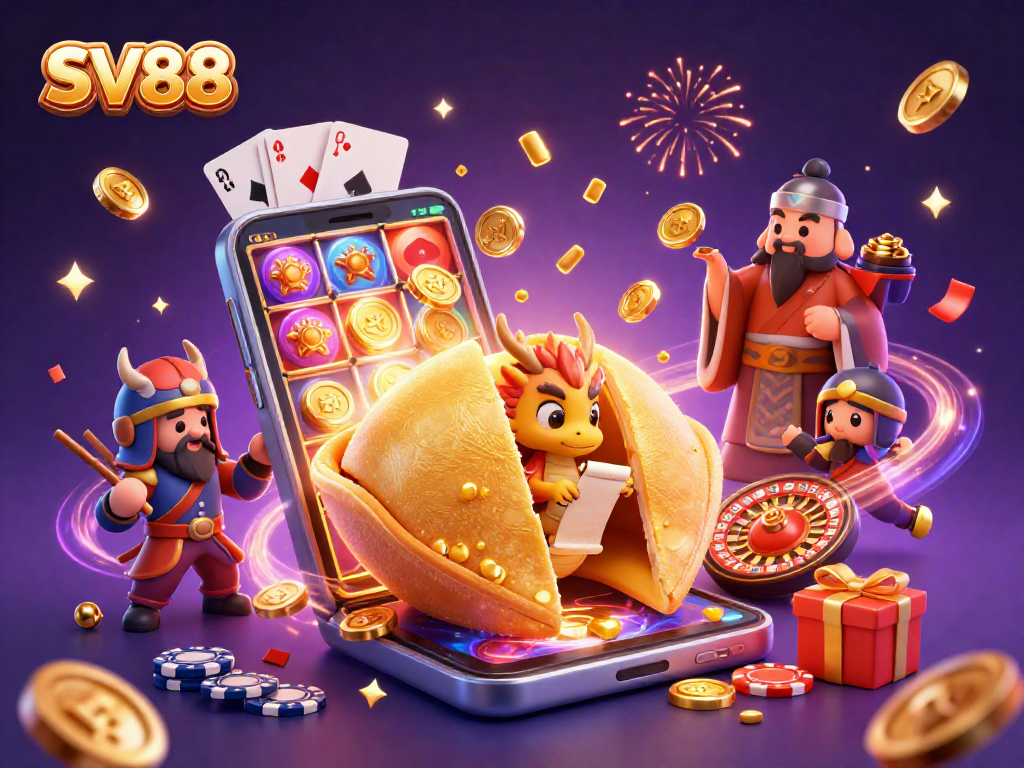 SV88 offers players a winning experience with golden fortune cookie characters in a vibrant casino scene.