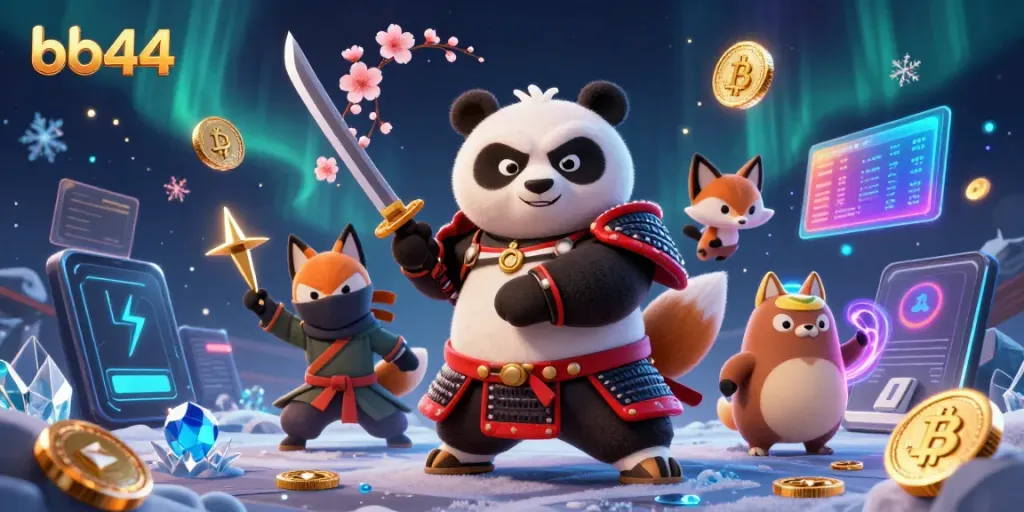 Engage with the dynamic scene of bb44's gaming adventure featuring samurai panda, ninja fox, and magical tanuki.