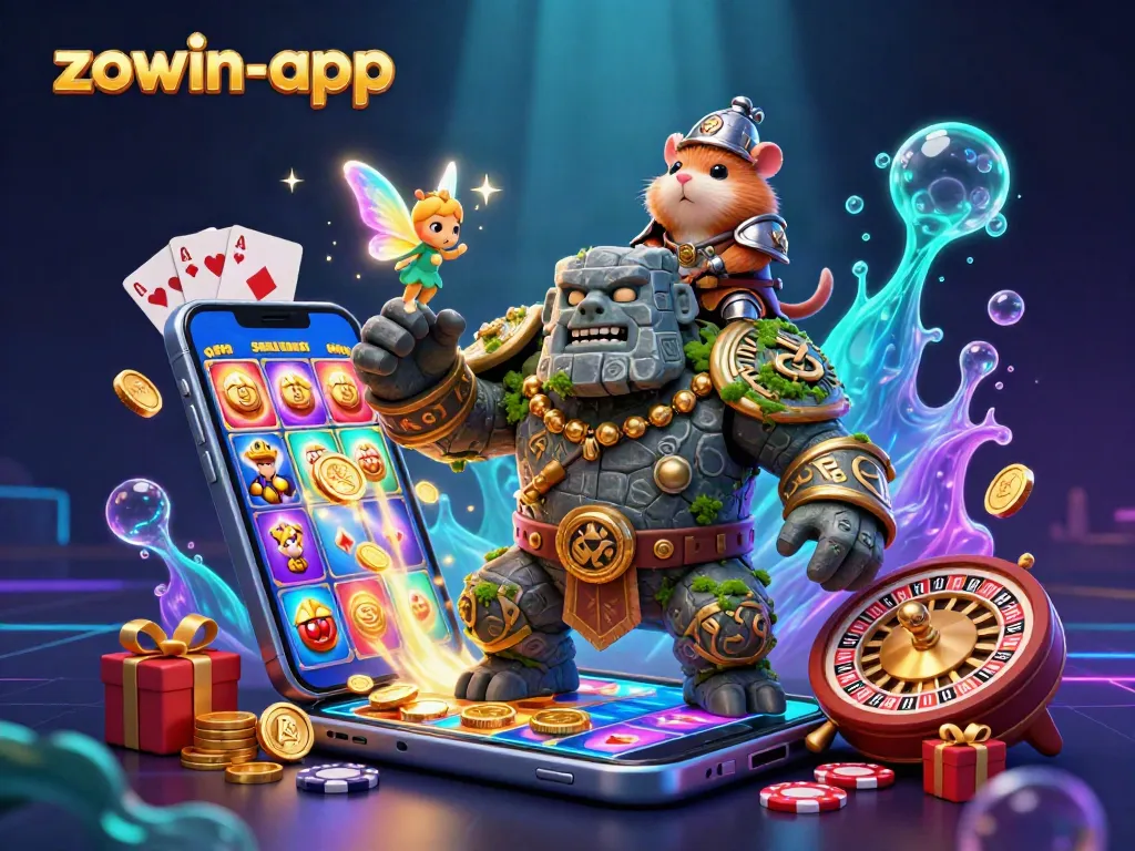 Engage in the vibrant world of zowin-app with a captivating scene of a golem, fairy, and hamster knight amidst casino elements.