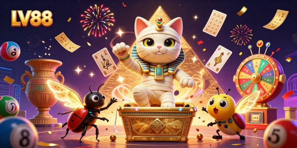 LV88 promotes lottery excitement with a 3D mummy cat and dynamic gaming elements.
