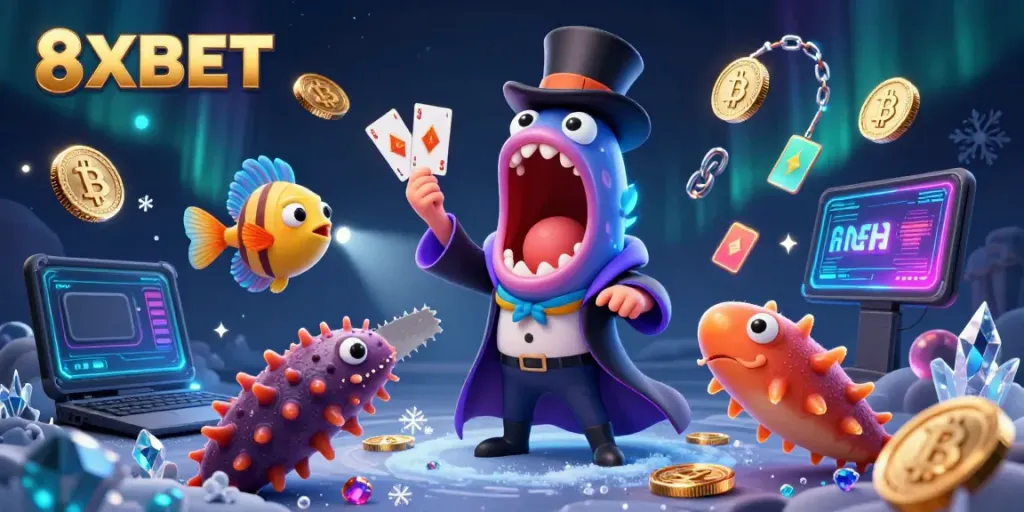 Experience thrilling gambling with 8XBET in a magical undersea environment featuring animated characters.