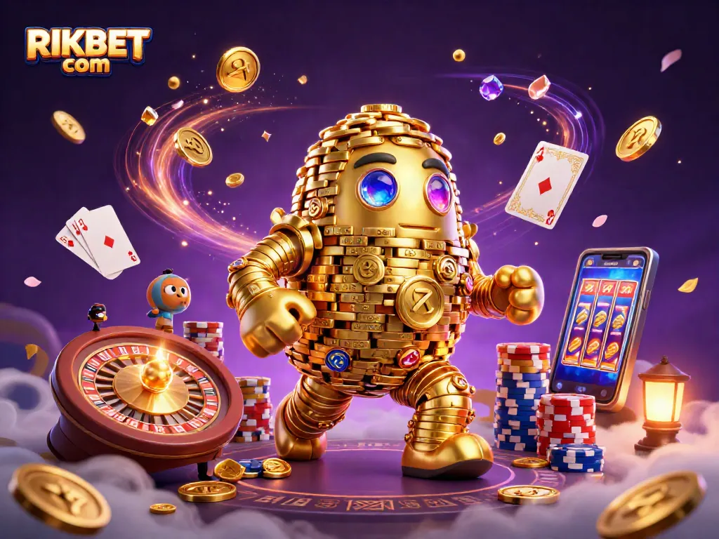 Experience winning with RIKBET com in a dazzling casino scene featuring a golden golem and slot symbols.