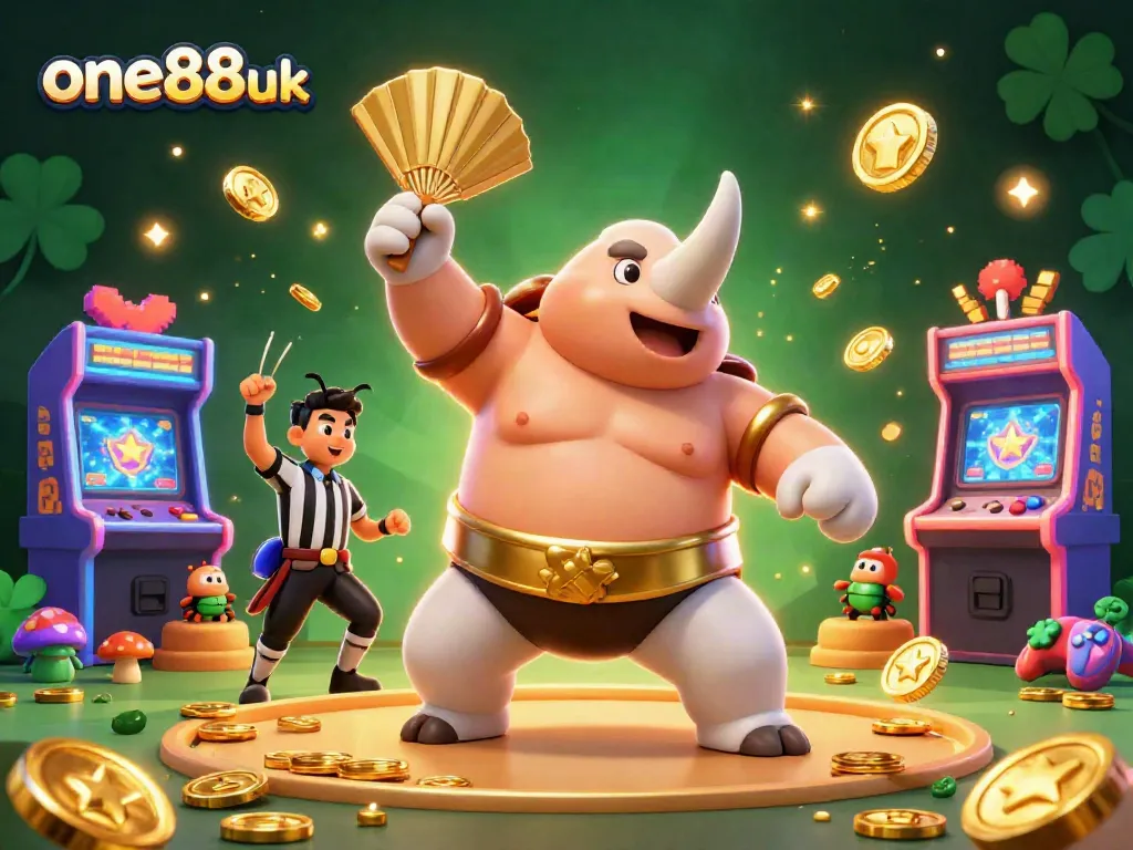 Experience excitement with one88uk as the sumo beetle champion sends coins flying in a vibrant casino atmosphere.