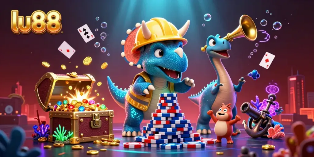 Celebrate gambling excitement with LU88 as cartoon dinosaurs joyfully build poker chip pyramids.