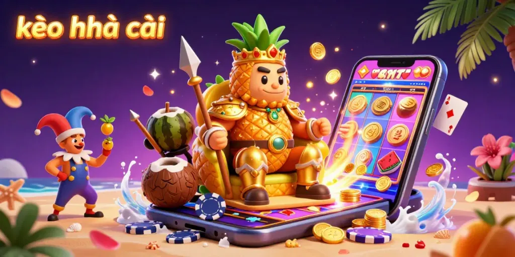 Engage with lively kèo nhà cái scene showcasing a golden pineapple king and tropical casino elements.
