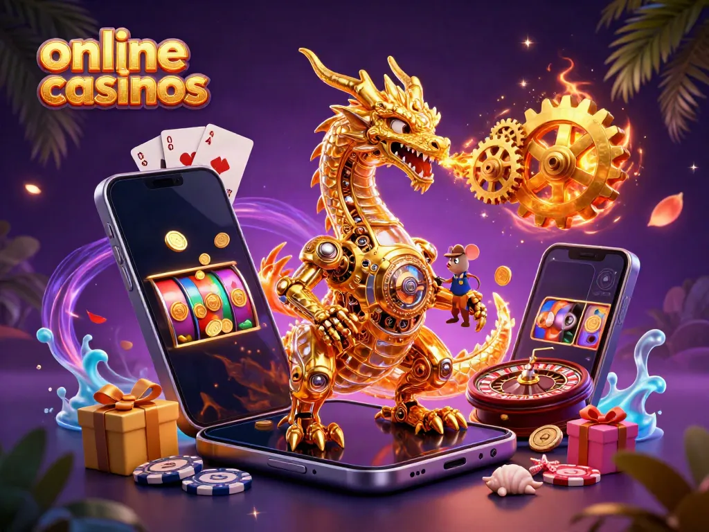 Experience thrilling online casinos with a golden dragon and vibrant gaming elements.