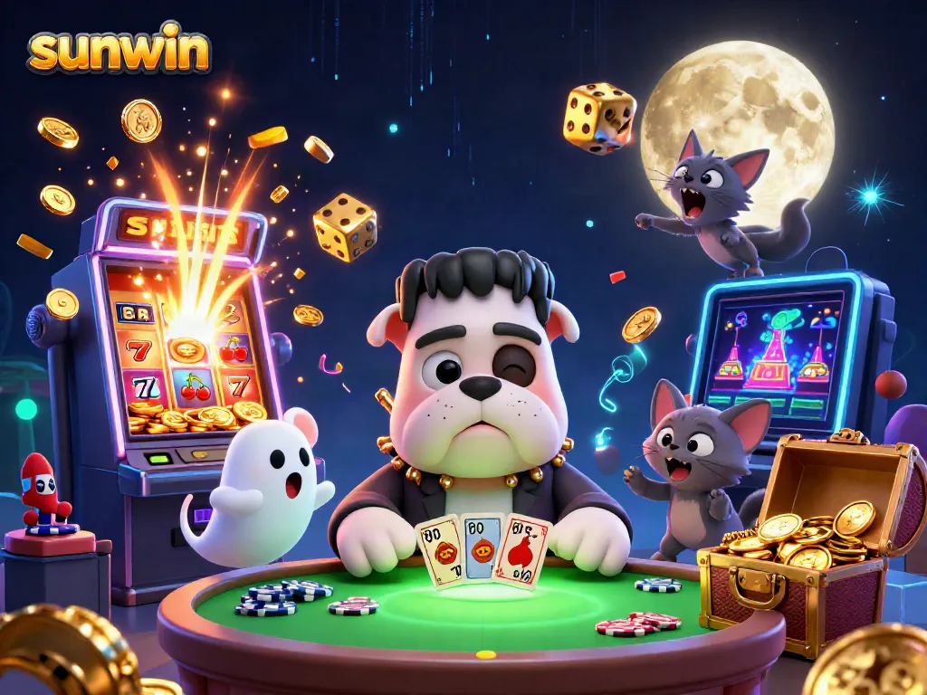 Experience thrilling gaming scenes with sunwin as a Frankenstein bulldog deals cards amidst vibrant casino elements.
