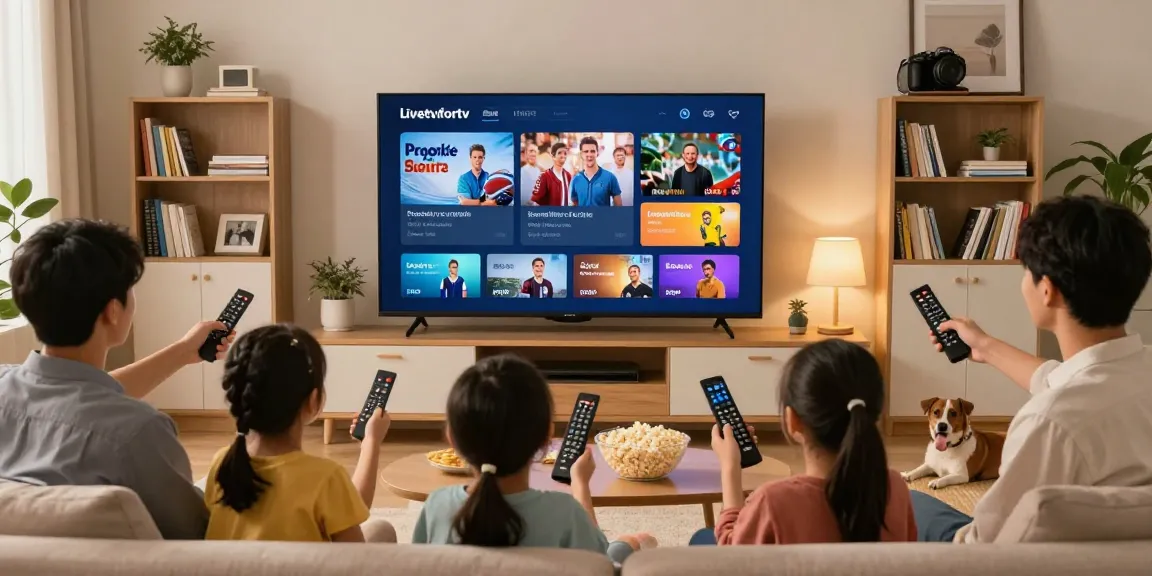Family enjoying IPTV streaming options, the best cable alternatives for 2026 on a large screen
