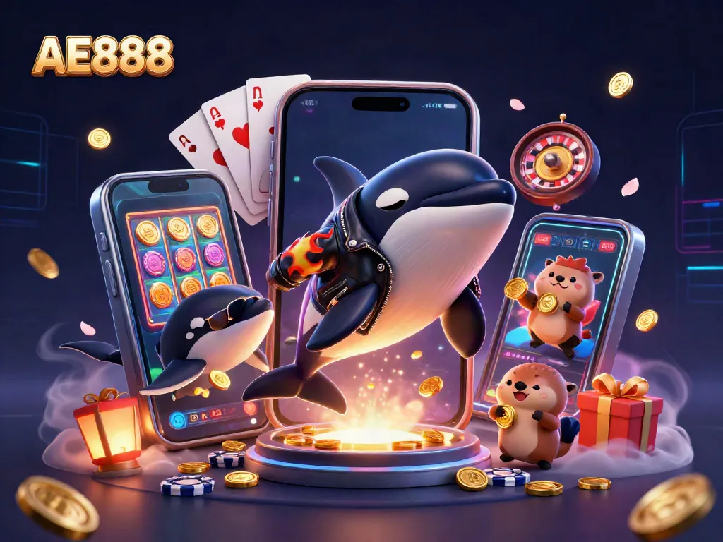 Engage with AE888 in a vibrant 3D casino scene featuring a whale, stingray, and otters with golden coins