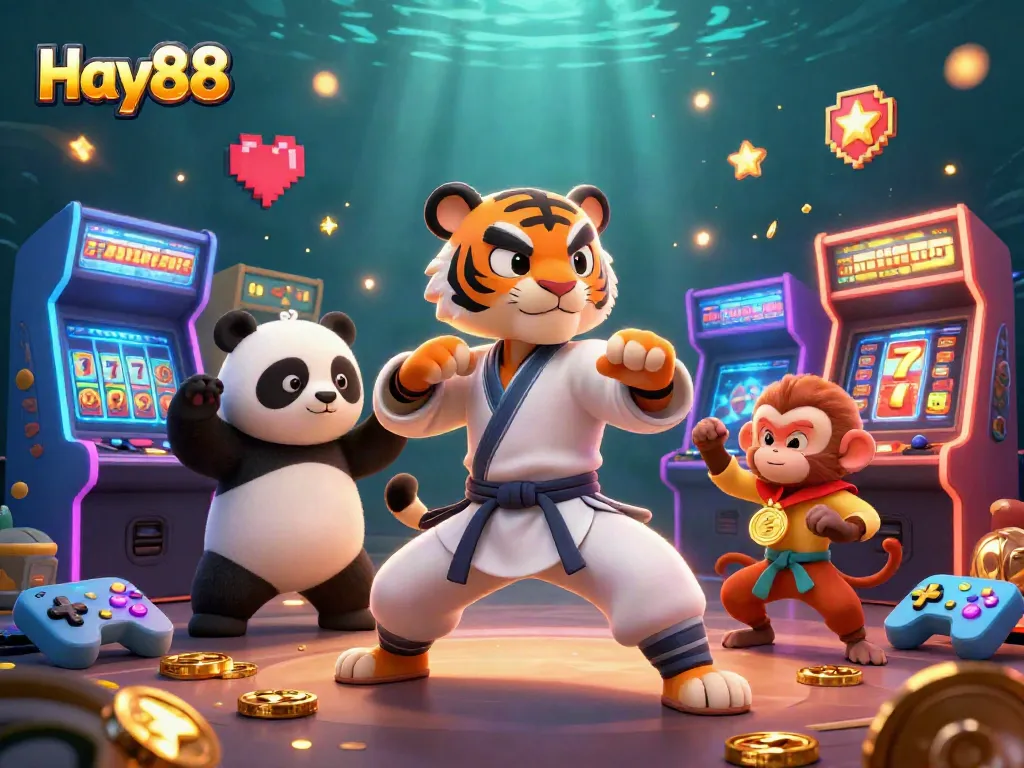 Play games and win rewards with Hay88, showcased in a vibrant 3D illustration filled with dynamic casino elements.
