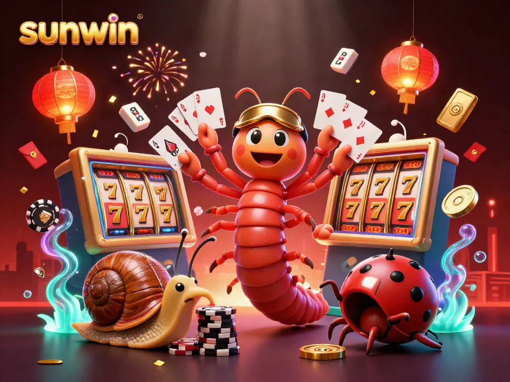 Experience the thrill of sunwin with a vibrant casino scene featuring a millipede dealer and high-roller snail.