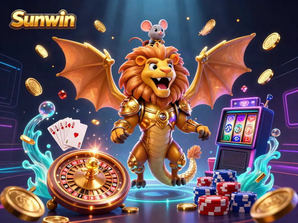 Sunwin features a triumphant chimera and mouse jockey amidst casino elements and shimmering gold coins.