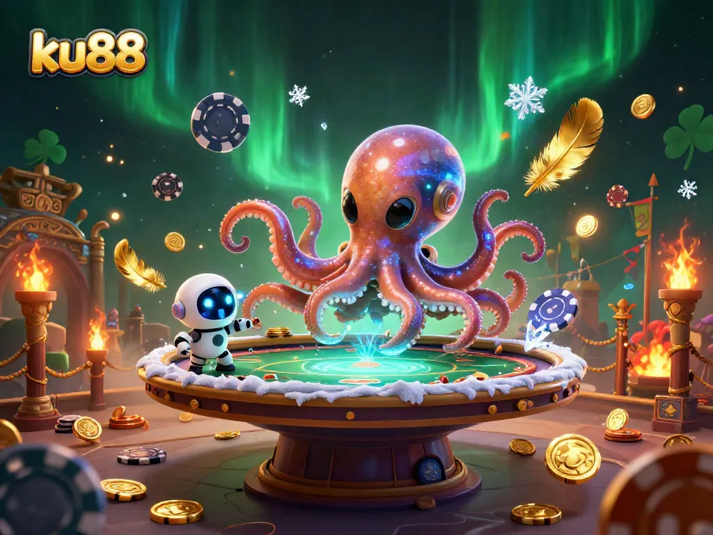 Experience thrilling poker action with ku88 as a cartoon alien octopus runs a holographic table surrounded by dynamic casino elements.