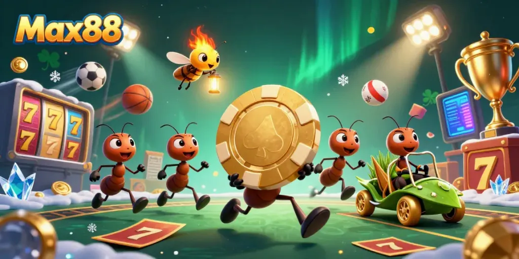 Experience Max88's thrilling casino adventure with ants carrying a massive golden poker chip and gaming elements.