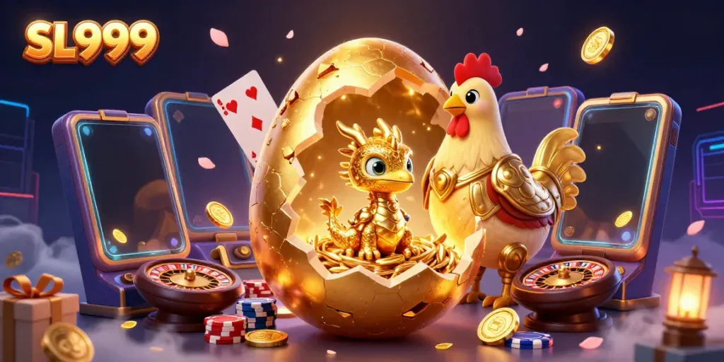 Engage with captivating SL999 themes featuring golden dragon and casino elements in a lush 3D scene.