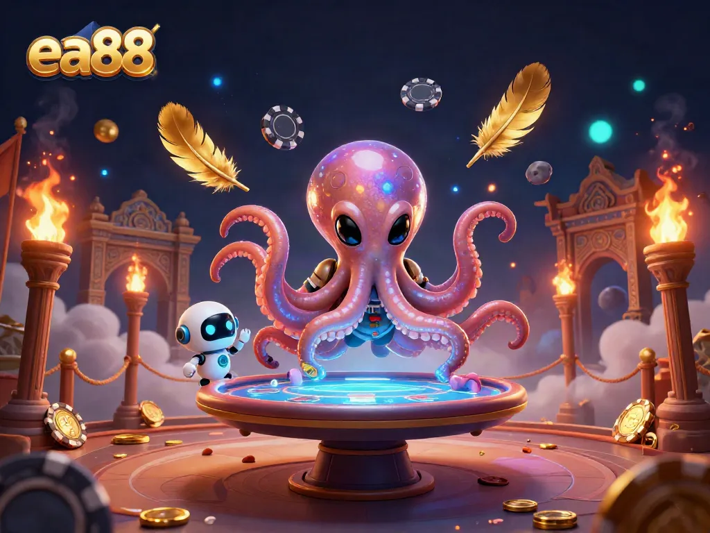 ea88 showcases a thrilling poker scene with an alien octopus and a tiny robot in a colorful, vibrant casino atmosphere.