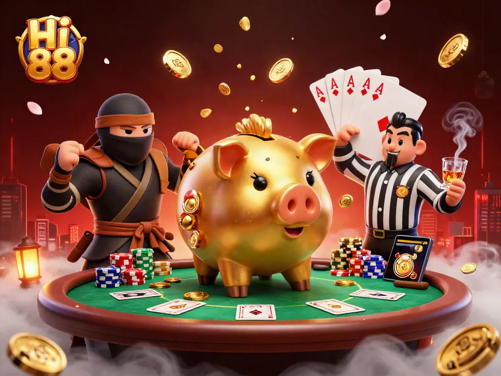 Engage in exhilarating games at Hi 88 with a dynamic casino illustration featuring iconic characters.