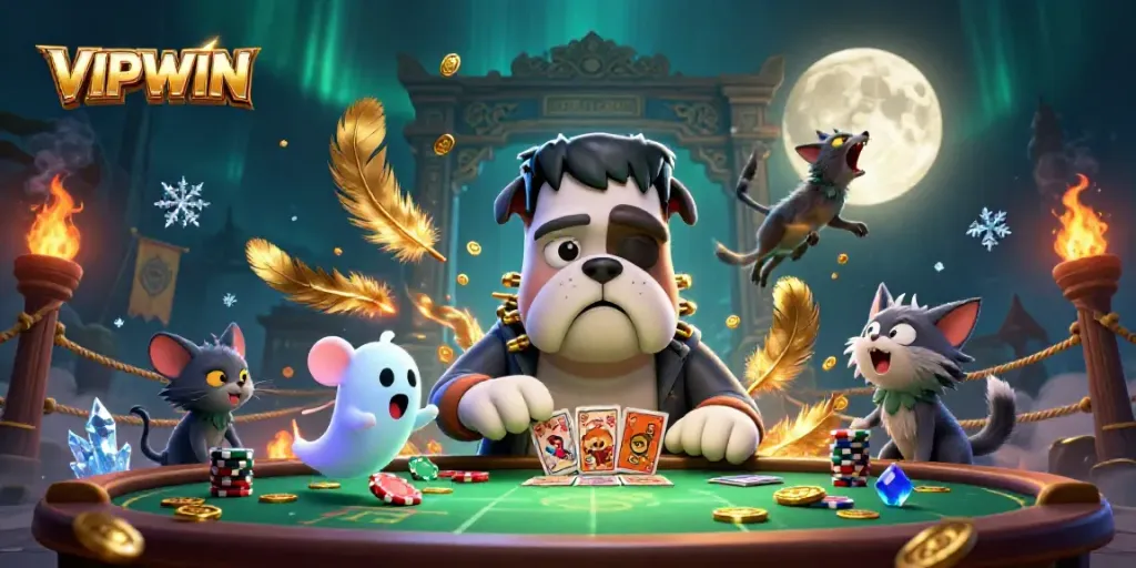 VIPWIN's vibrant 3D scene with a Frankenstein bulldog dealing cards at a haunted table.