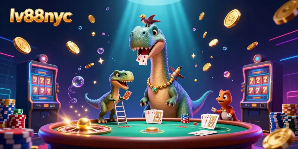 A 3D illustration of lv88nyc showcasing a brontosaurus and raptor in a casino setting, complete with vibrant gaming elements.
