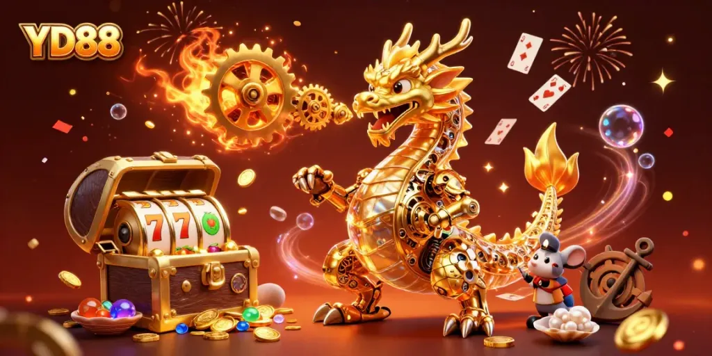 Experience excitement at YD88 with a dazzling dragon and gold-filled slots in a vibrant casino scene