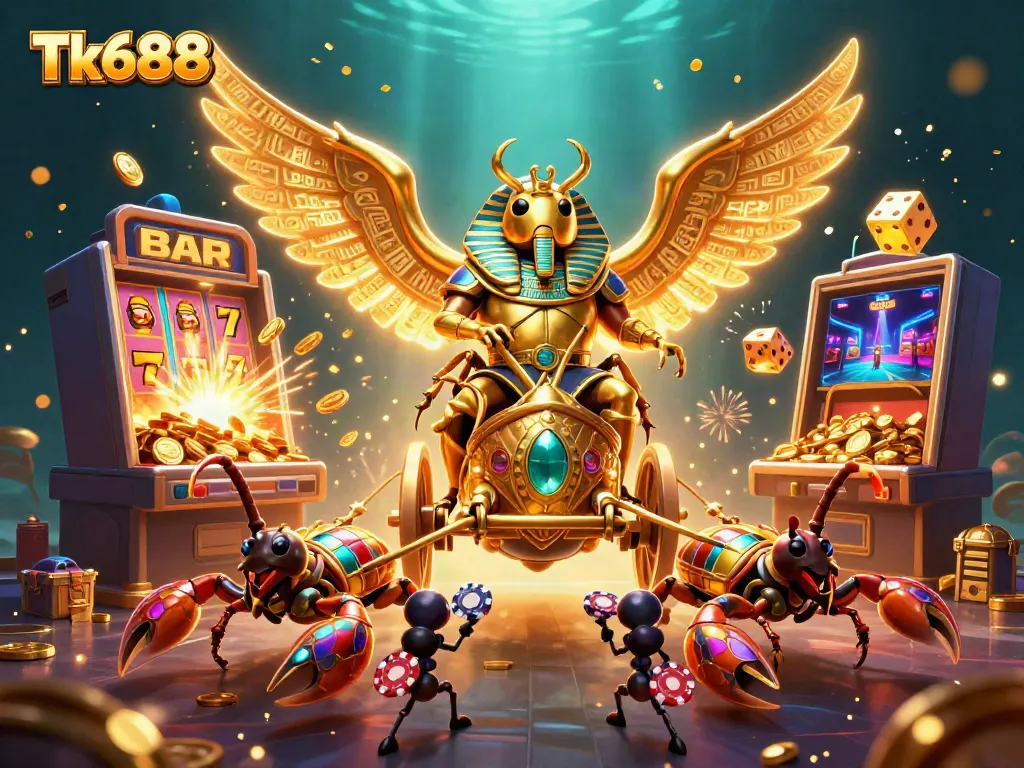 Experience the excitement of Tk688 with a dynamic 3D illustration featuring vibrant casino elements.