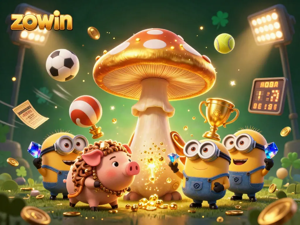Experience exhilarating wins at zowin with dynamic sports-themed 3D illustration showcasing vibrant characters and gaming excitement.