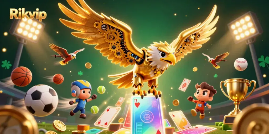 Experience the thrilling action of Rikvip with a golden eagle diving through holographic cards, surrounded by dynamic sports elements.