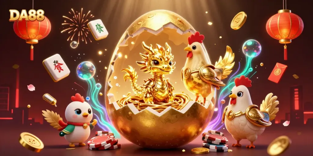 Engage with DA88, showcasing a golden dragon and vibrant casino elements, creating an immersive gambling experience.