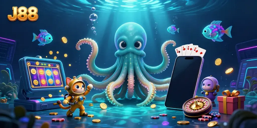 Join the thrilling adventure at J88, where a golden kraken and diving cat engage with vibrant slot games and treasures.