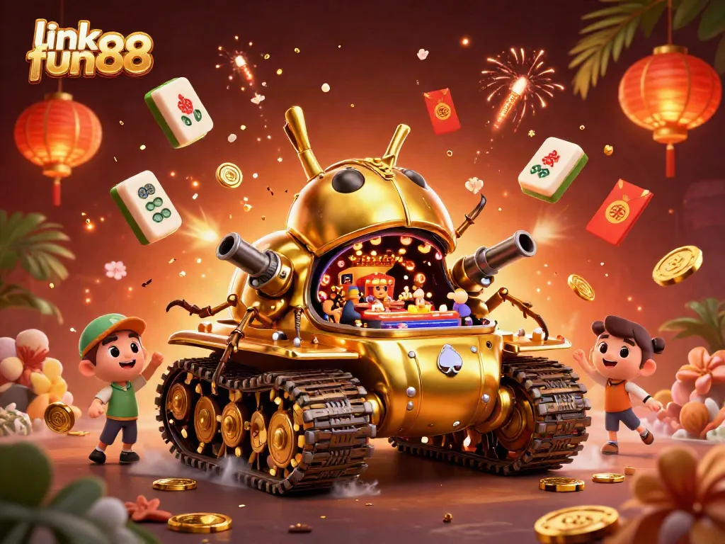 Experience the thrill with link fun88 in this vibrant 3D casino scene featuring a casino inside a golden tank.
