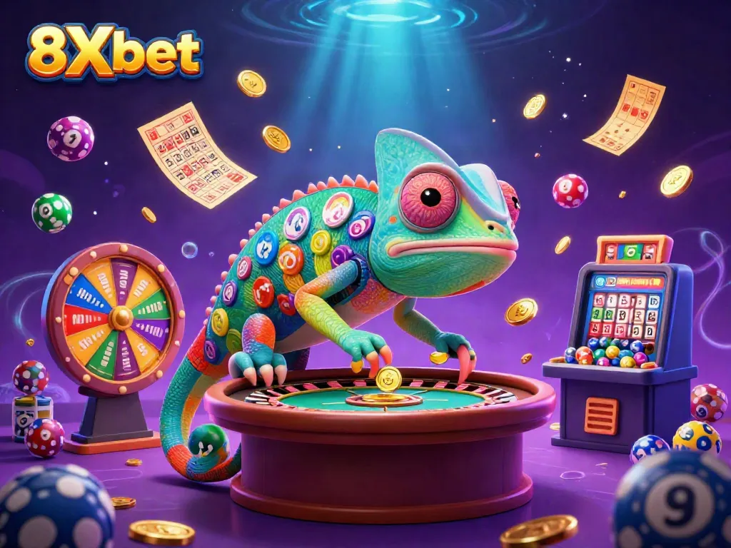 Experience the excitement of winning with 8Xbet as colorful elements and golden coins fill the scene.