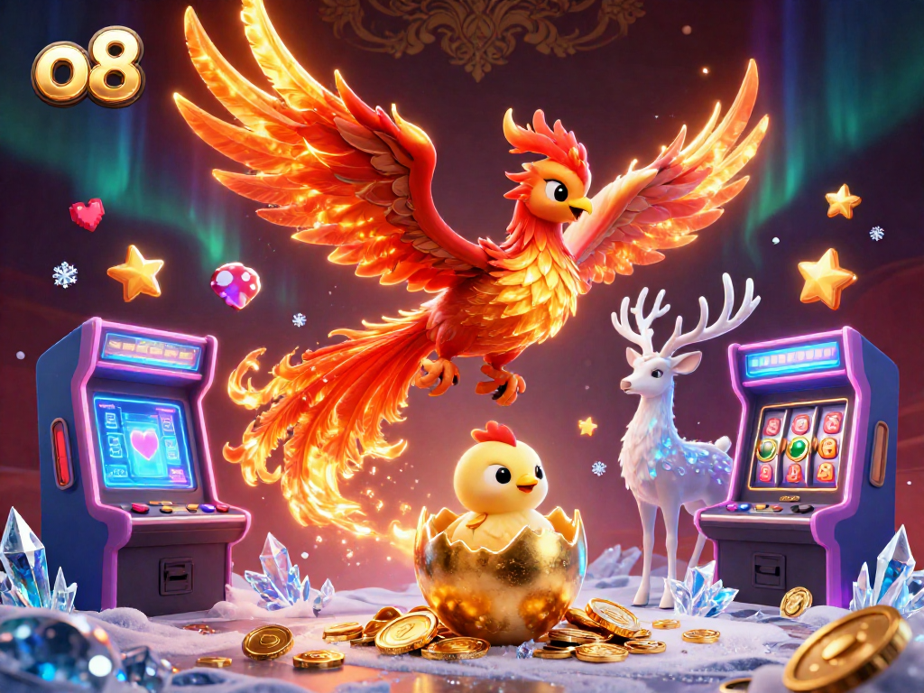 Experience thrilling gameplay at o8 with vibrant phoenix and casino elements in a dynamic 3D scene.