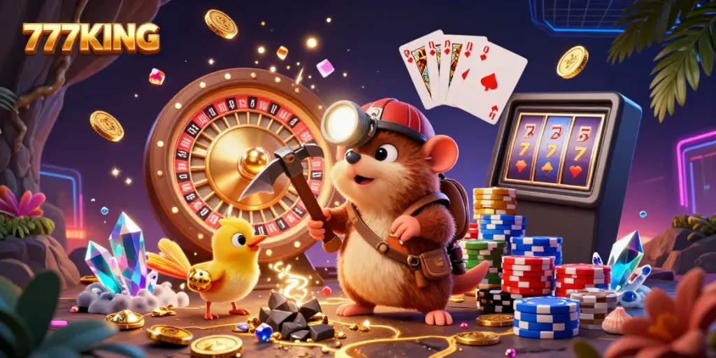 Experience thrilling games with 777KING in this dynamic casino illustration packed with action.