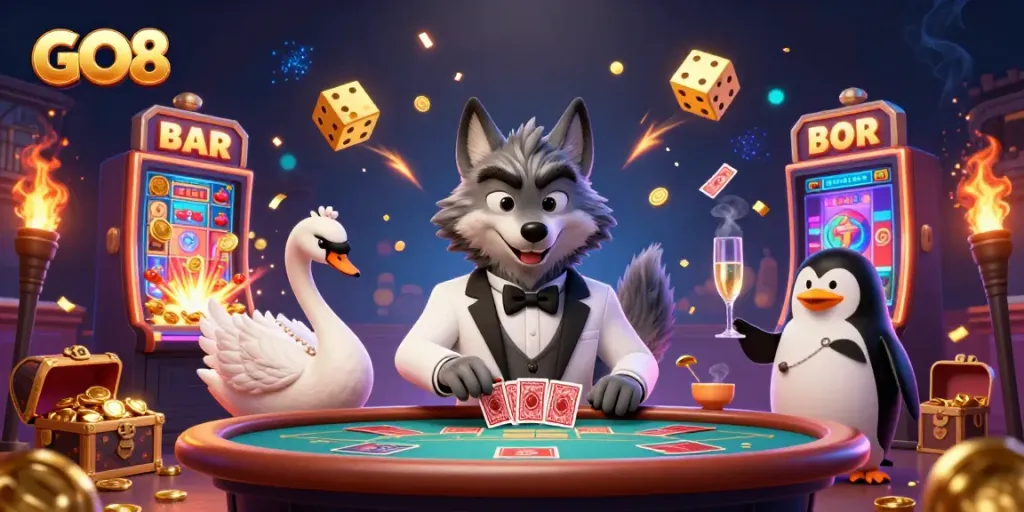 Experience GO8's thrilling online casino action with a vibrant 3D scene of card games and jackpots.