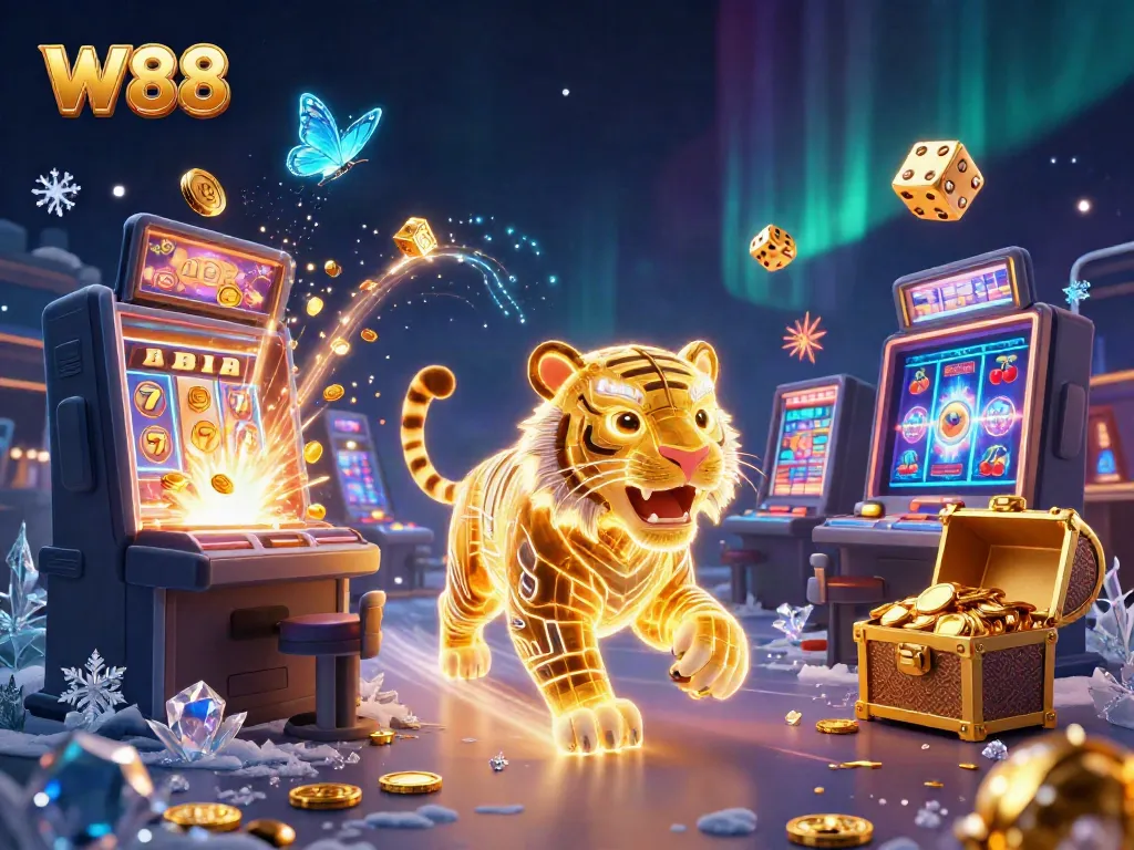 Experience W88's dazzling digital casino with a neon-wireframe golden tiger and jackpot explosions all around.
