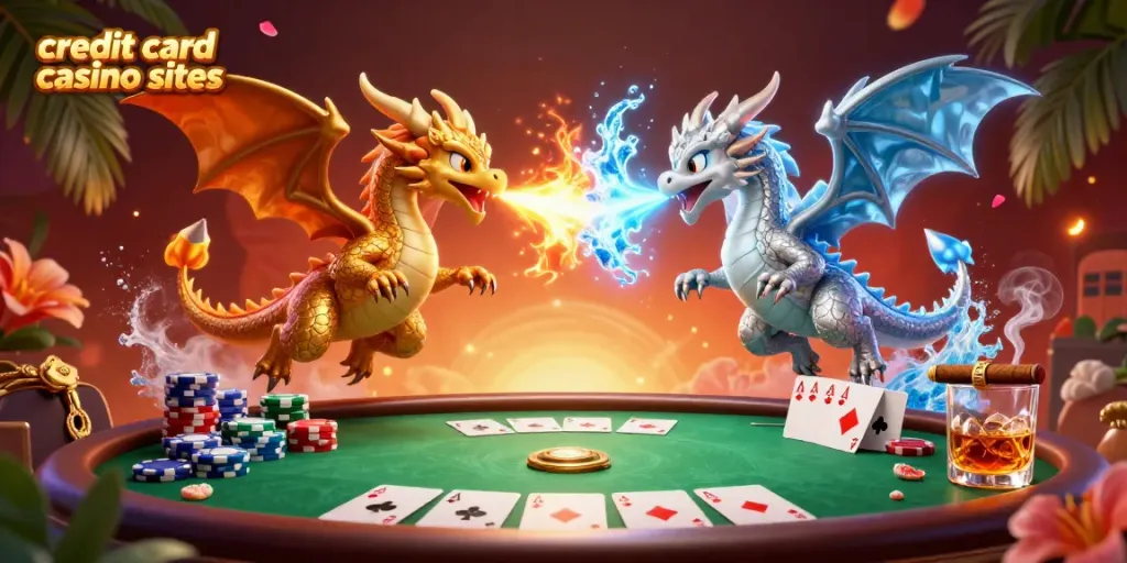 Experience the thrill of credit card casino sites with dynamic dragons and poker elements.