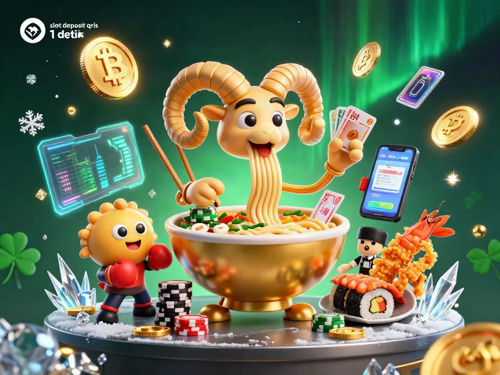 Engage with slot deposit qris 1 detik as the giant ramen bowl stacks chips and plays cards amidst a vibrant casino scene.