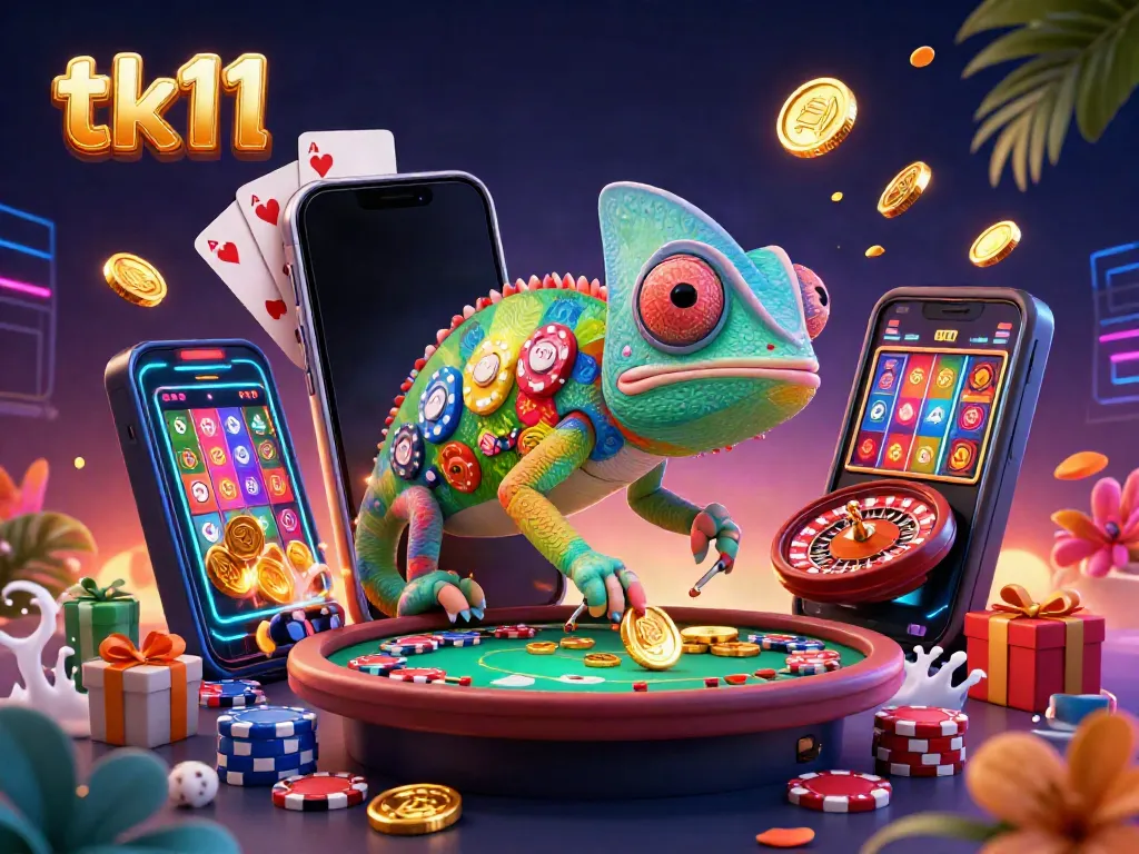Spin the reels with tk11’s vibrant casino scene, featuring a chameleon owner and golden coins.