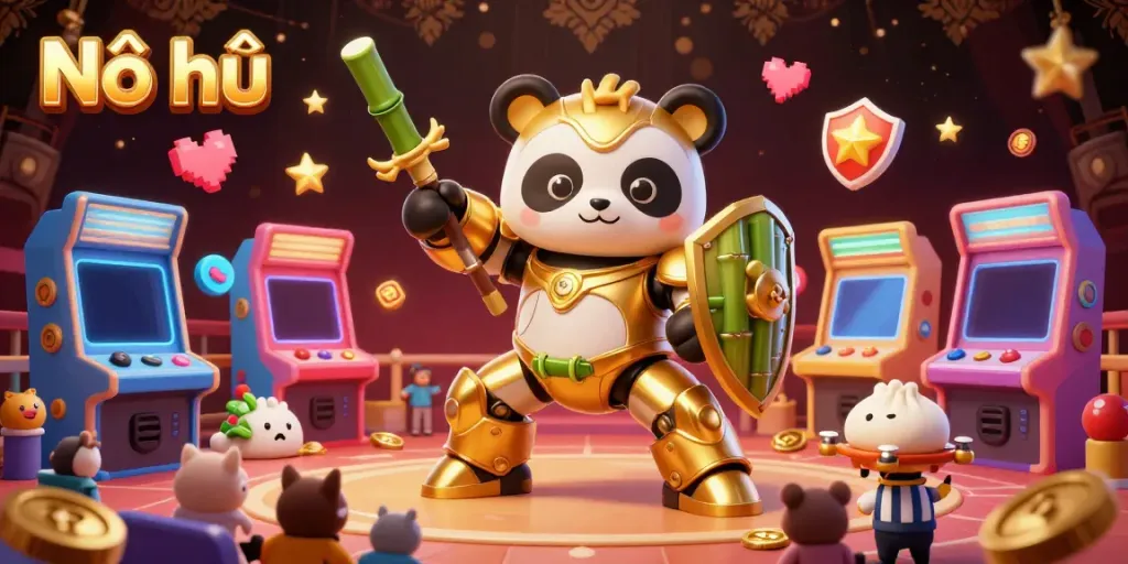 Nổ hũ casino action featuring a mech-suit panda in a dynamic arena surrounded by arcade elements.
