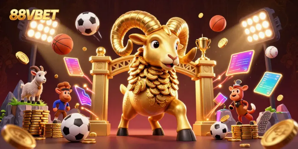 Experience dynamic sports betting action with a vibrant 88VBET illustration featuring golden elements.