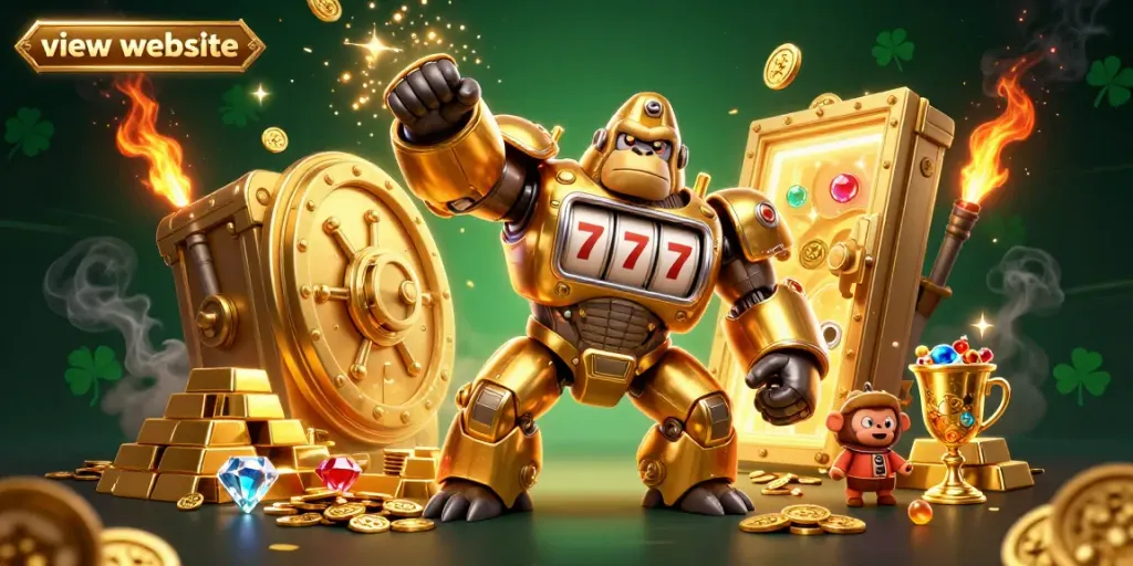 Experience thrilling wins as you view website featuring a golden gorilla mech celebrating jackpots and treasures.