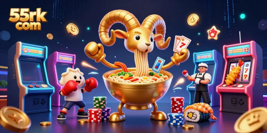 Engage with vibrant gaming action at 55rk com featuring a golden ramen bowl character in a lively casino scene.