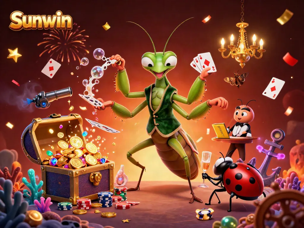 Win exciting games at Sunwin with 3D casino characters celebrating amidst treasure and glamour.