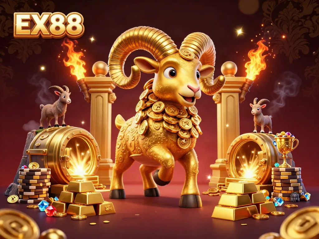 Experience thrilling action with EX88 in this vibrant casino scene featuring a massive golden ram charging through riches.