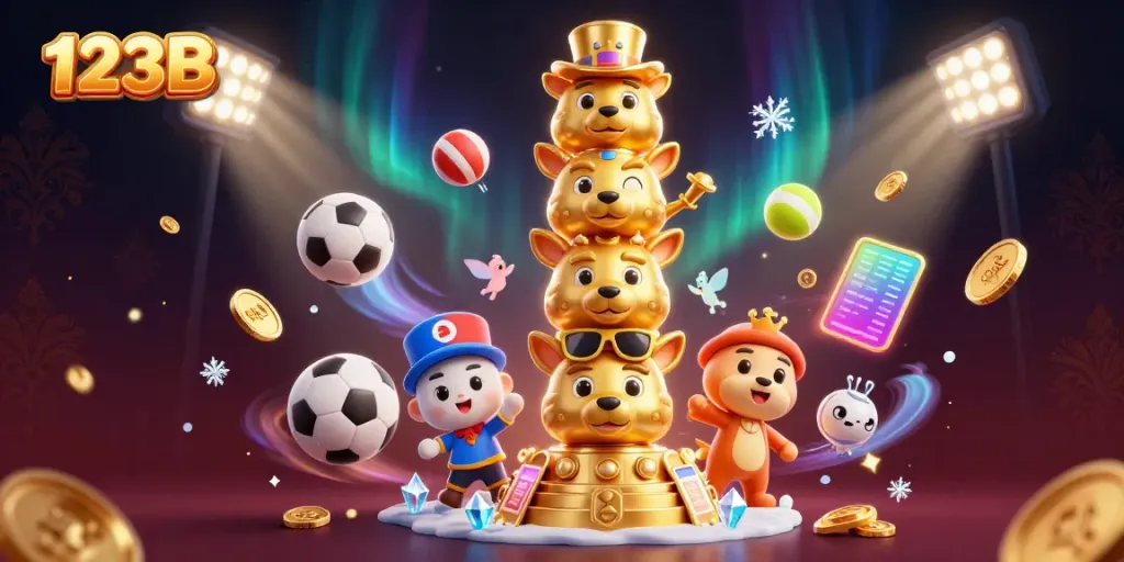 Engage with the lively casino-themed illustration showcasing animated elements and a big friendly totem pole for 123B.
