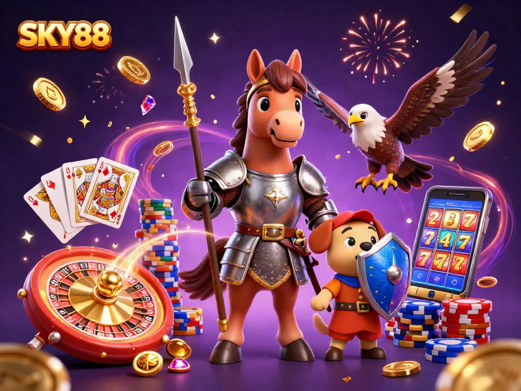 Win big with thrilling SKY88 games in a vibrant 3D casino illustration.